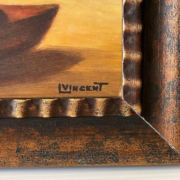 Vintage Original Tropical Seascape Oil Painting Beach Island Canoe Palms Signed - Picture 5 of 10